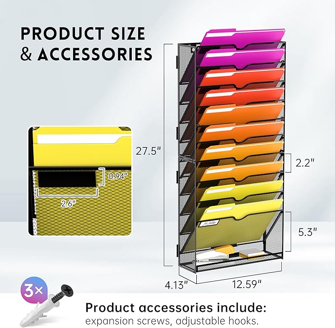 11-Tier Wall File Organizer Hanging File Holder Mail Organizer for Papers, Folders, Document, Mesh Magazine Rack for Office Home School, Black