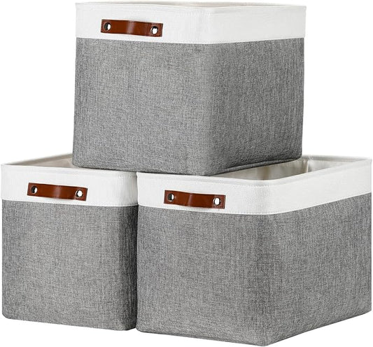 DULLEMELO Large Storage Baskets, Fabric Storage Basket with Leather Handles for Shelves Closet Nursery Toy Storage, Collapsible Fabric Baskets for Toy Book Magazine Towel Organizers(White&Gray)