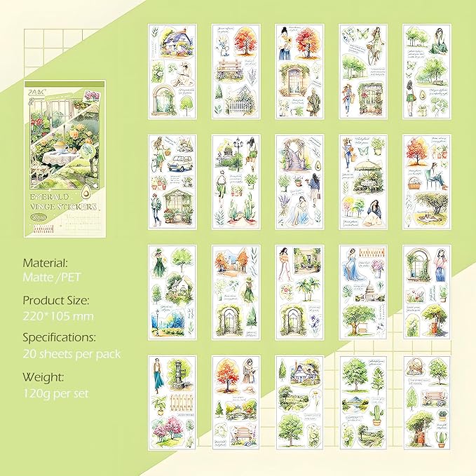 Snycler Green Tree Series Sticker Book - 20 Sheets Vintage PET Stickers for Scrapbooking, Junk Journaling, Ephemera, and Decorative Crafts - Pre-Cut Nature Design Stickers