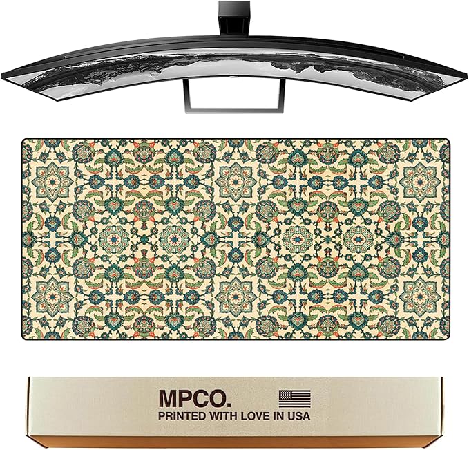 MPCO. Arabic Textiles Large Gaming Desk Pad - 36" x 17" Duraglyde Fabric Emerald-Garden Desk Mats - Non-Slip, Washable, Smooth Glide for Precision Gaming & Work