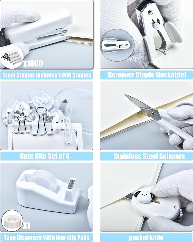 White Desk Accessories, 25Pcs White Office Supplies and Desk Organizers, with Tape Dispenser, Stapler, Staple Remover, Ect, Christmas Gifts