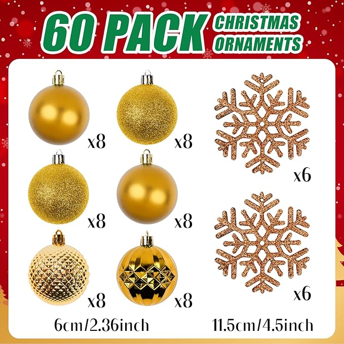 Christmas Tree Decorations Ornament Set, 60ct 2.36 Inches Gold Shatterproof Christmas Ball Ornaments, Hanging Ball for Xmas Holiday Wedding Party Decor