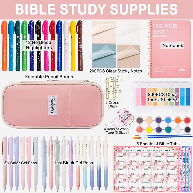 TuErCao Christian Gifts for Women - Bible Study Kit Includes Pencil Case, 12 Non Bleed Highlighters, 75 Bible Tabs, Washi Tapes, 16 Pens- Perfect Bible Journaling Supplies, Elegant Pink & Beige