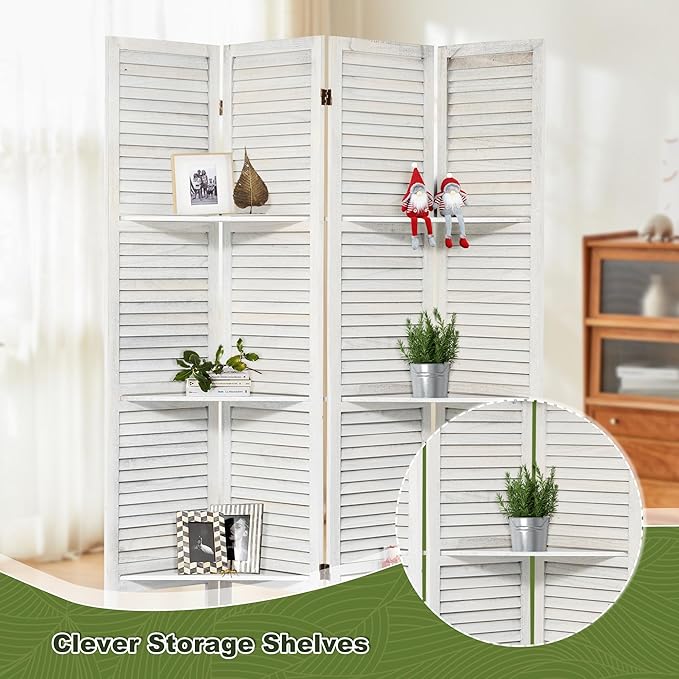 NicBex 4 Panel Room Divider 5.6FT Louvered Design Room Dividers with Display Storage Shelves Folding Privacy Screens Portable Freestanding Partition Wall Dividers for Home Bedroom Office, White