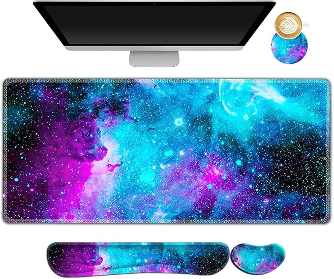 AIMSA Large Gaming Mouse Pad Set, Keyboard Wrist Rest Support Mouse Pad, Ergonomic Memory Foam Multifunctional Extended Desk Mat 35x15.7in Anti-Slip Rubber Base, Galaxy Nebula Universe