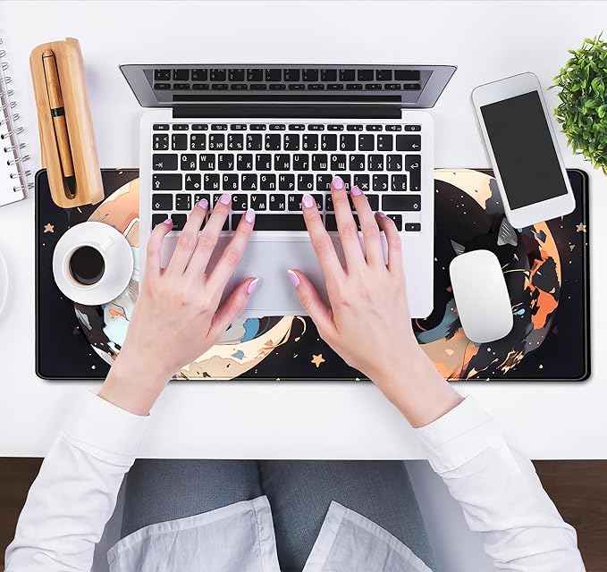 Cute Black White Cats Desk Mat Anime Cat Mouse Pad Kawaii Moon Desk Pad XL Large Extended Mousepad Desk Matt for Desktop, Computer Keyboard Mouse Mat for Women Office Decor Accessories 31.5x11.8 in