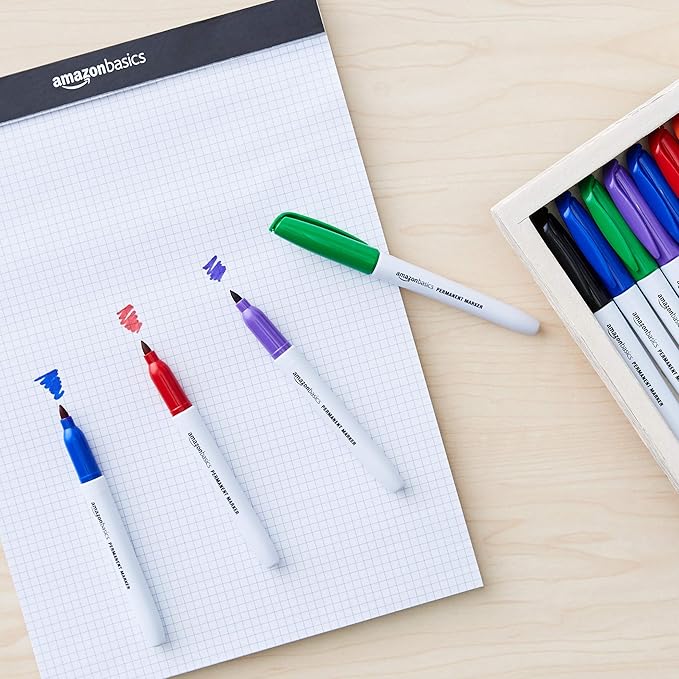 Amazon Basics Fine Tip Point Permanent Markers for Office, School, and Home Use, Assorted Colors, 24 Pack