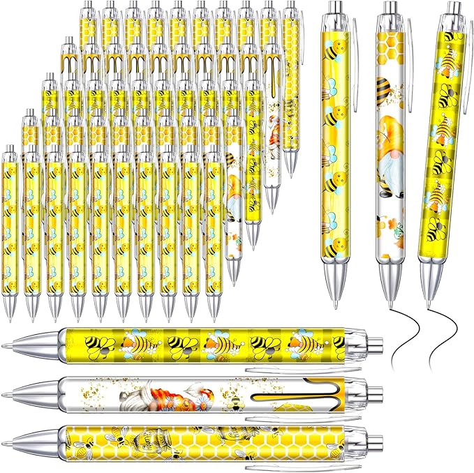 Thenshop 50 Pcs Bee Pens Bulk Honey Bee Theme Gel Ink Ballpoint Pens Honeycomb Gnome Party Favors Appreciation Gifts for Friends Office Employee Work