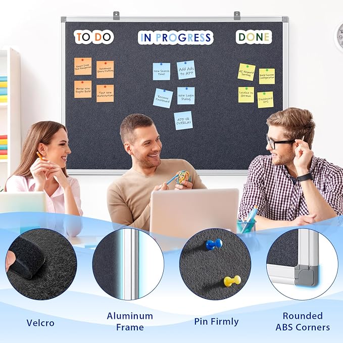 Fabric Notice Pin Board Bulletin Board for Home Office Classroom,Wall-Mount,Black Felt,36x24inches