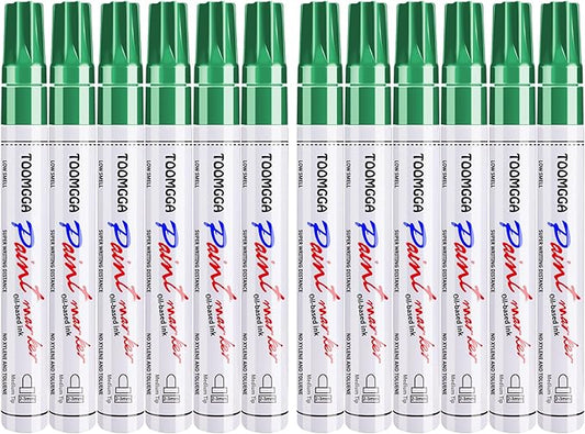 Green Permanent Paint Pens Paint Markers - 12 Pack Oil Based Markers, Quick Drying and Waterproof Marker Pen, Car Tire, Metal, Rock Painting, Wood, Fabric, Plastic, Canvas, Mugs