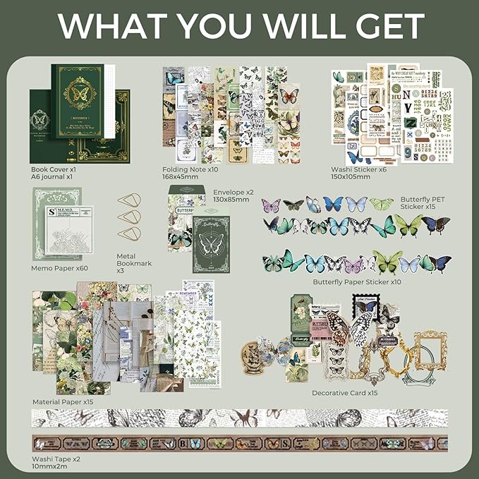 Funto Scrapbooking Kit(140 PCS), Vintage Collection-Whispers of The Forest, Perfect for Bullet Scrapbooking Materials, Planner DIY Arts Craft Collage