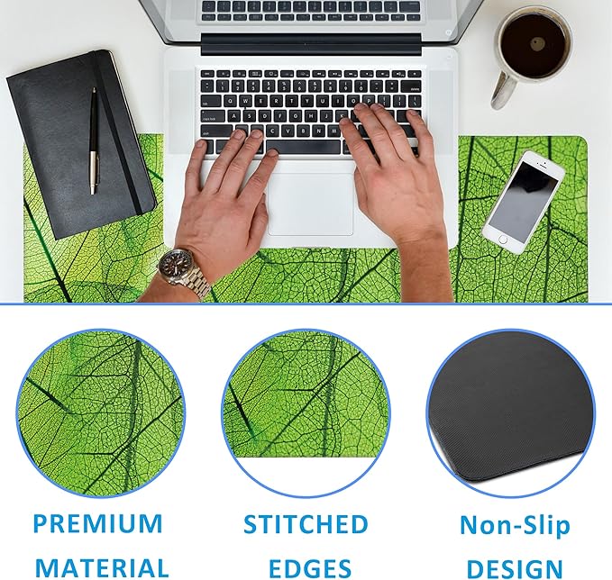 Green Foliage Texture Desk Mat,Large Gaming Mouse Pad,Non-Slip Rubber Base Desk Pad with Stitched Edges for Desk Office Home Decor 35.4X15.7 Inch