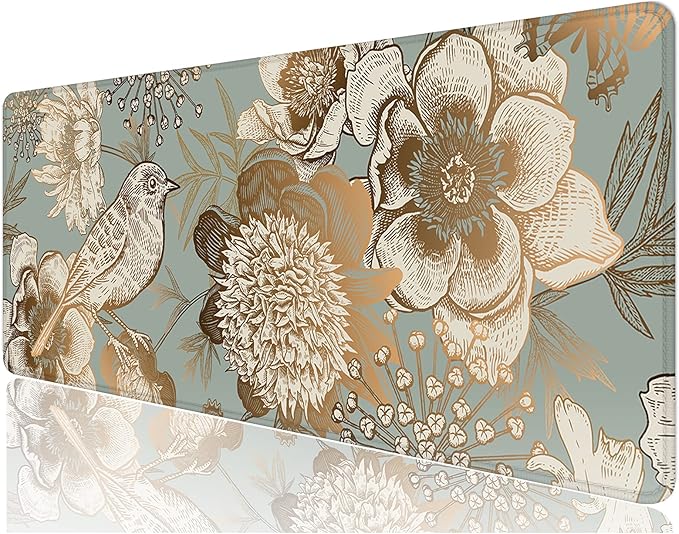 Desk Mat, 32" x 12" XXL Extended Large Gaming Mouse Pad, Desktop Decor Desk Pad, Cute Men Women Office Supplies and Accessories, XL Mouse Mat for Laptop & Keyboard, Retro Flower and Bird