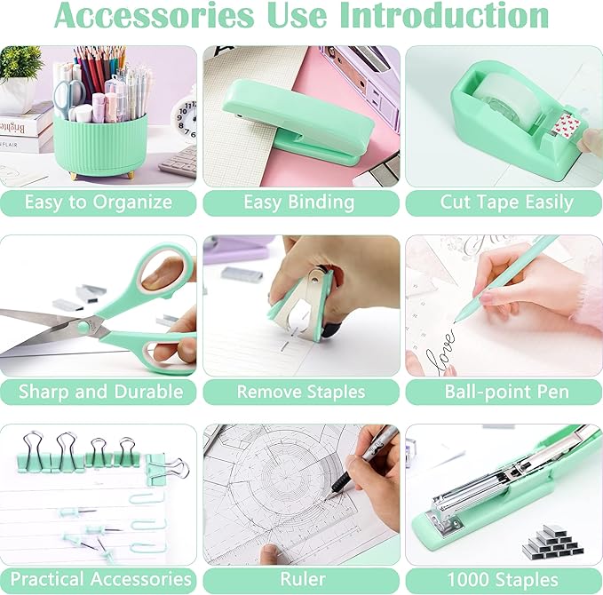 Green Office Supplies, Teal Desk Accessories 360°Pen Holder Desk Organizers and Accessories with Tape Dispenser, Stapler, Staple Remover, 1000 Staples, Tape, Clips Set, Ruler, Scissor, Pen