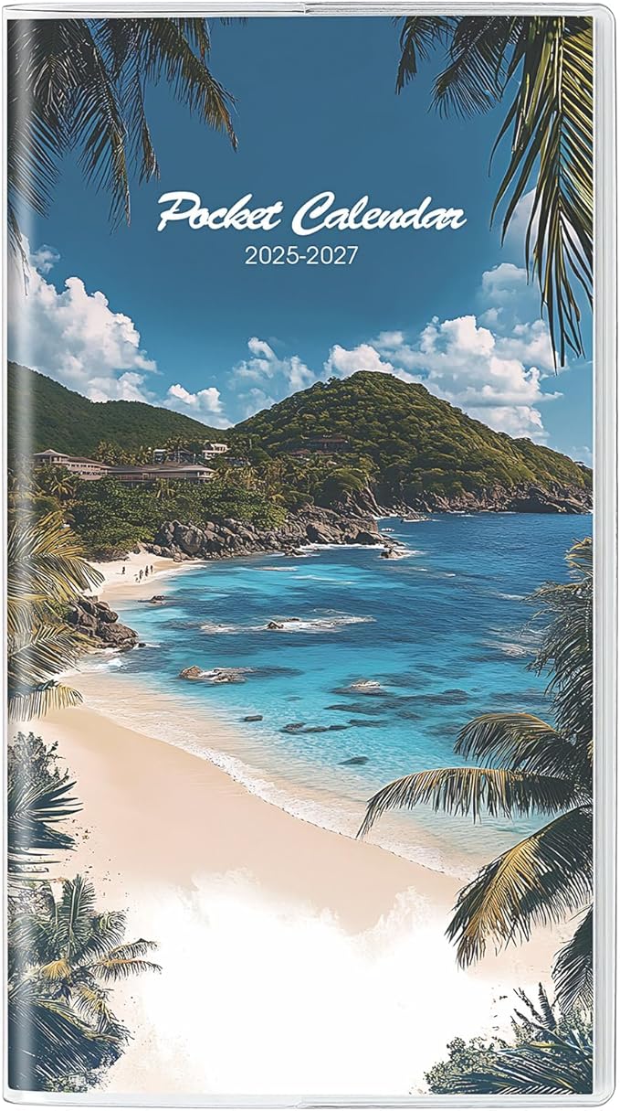 Pocket Calendar 2025-2027, Small Monthly Planner 2025-2027 - 3.7" x 6.7" - Runs from July 2025 Until December 2027, Pocket Calendar 2026 with Beach Cover for Planning