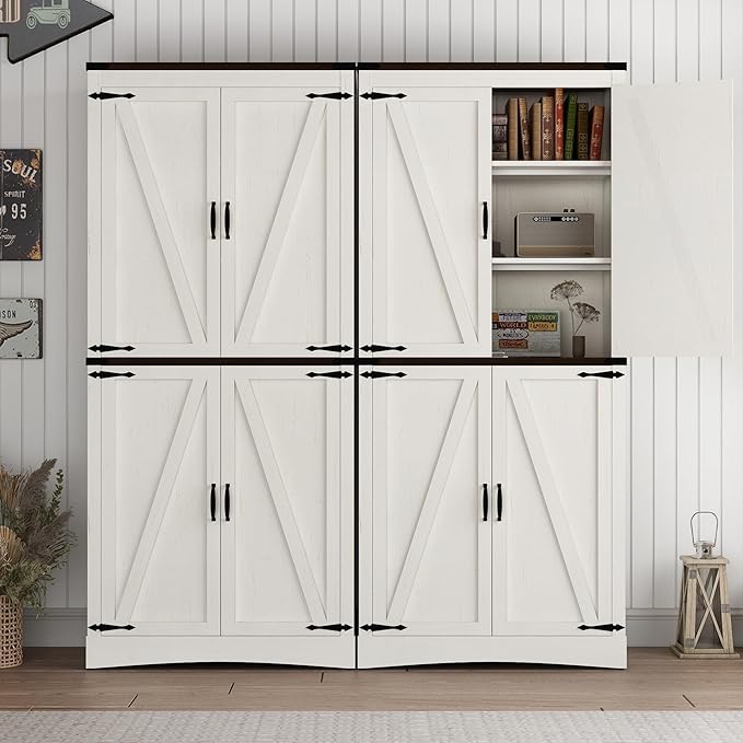 71in Farmhouse Kitchen Pantry Cabinet,Tall Storage Cabinet with 4 Doors and Adjustable shelves,with Load-Bearing Steel Pipe,Wood Storage Cabinets for Kitchen,Dining Room,Bathroom(White)