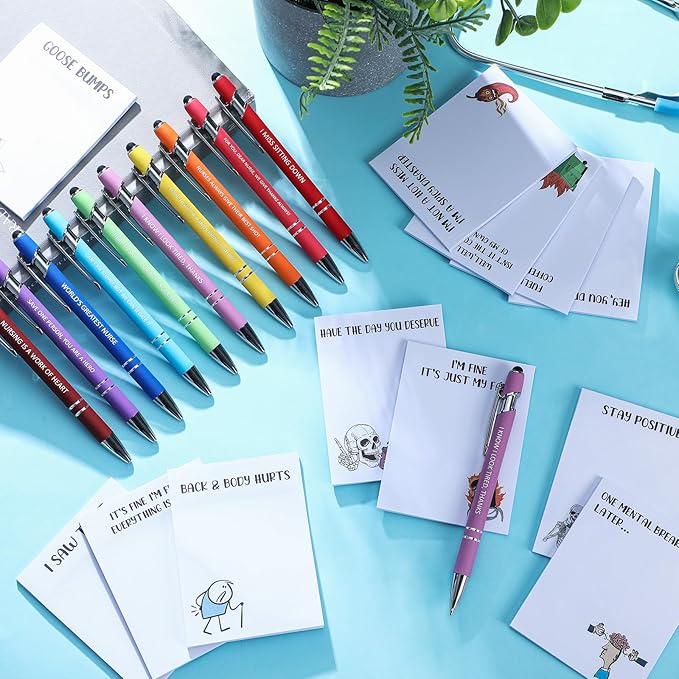 Geyee 24 Pcs Amusing Nurse Sticky Notes with Funny Pens Fun Notepads for Adults Coworkers Nurse 3 x 4 Inch to Do List Notepads with Sayings Pen for Lab Week Gifts Teacher Office Supplies