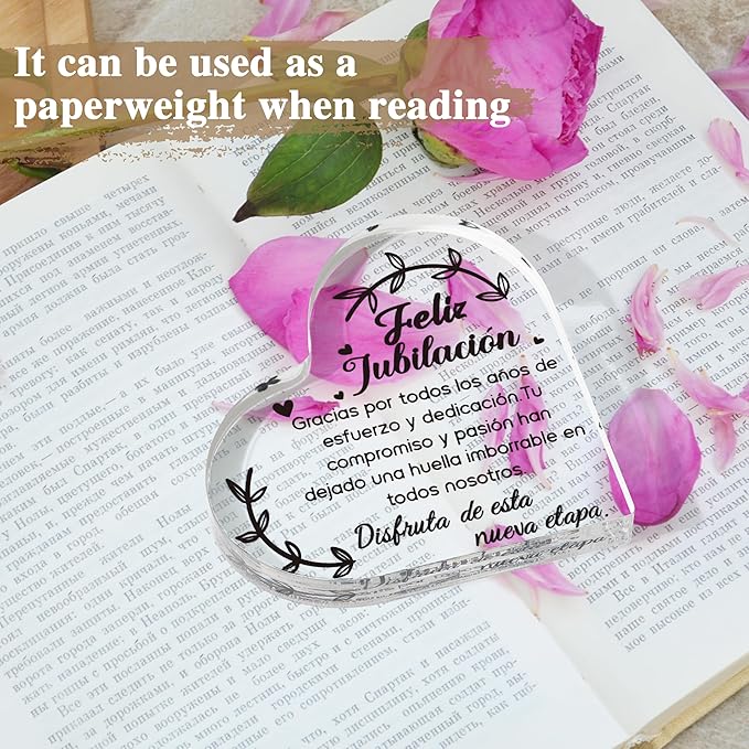 Yopyame Spanish Retirement Acrylic Gifts - Regalos para Feliz jubilación Heart Acrylic Plaque for Women Men Unique Acrylic Keepsake Paperweight for Retirees in Spanish Retirement Party Plaque Decor