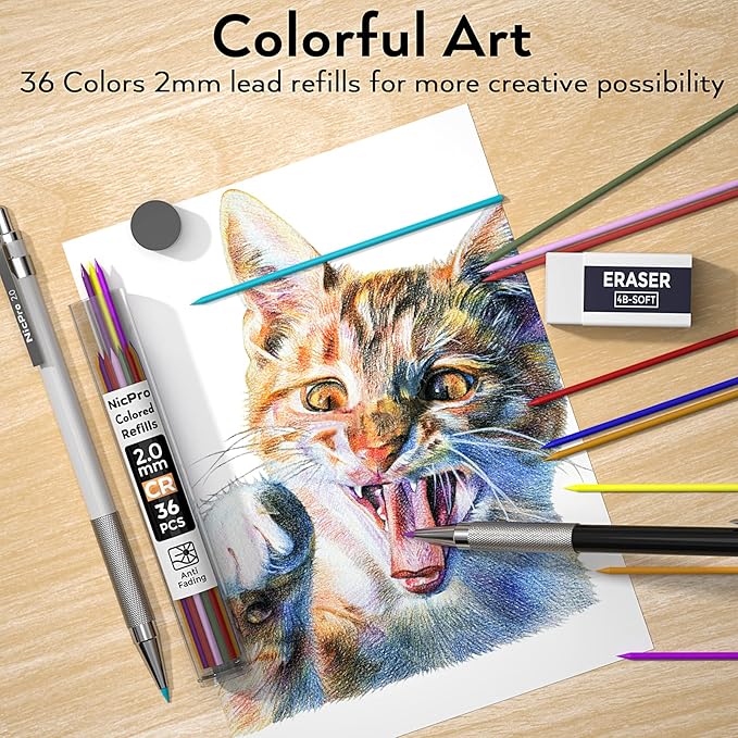 Nicpro 17PCS Metal 2mm Mechanical Pencil Set in Leather Case, 5 PCS 2.0 mm Lead Pencil Holders (4B 2B HB 2H 4H) 6 Tube Black Colored Lead Refills, Erasers, Sharpener For Art Drafting Sketching Drawing