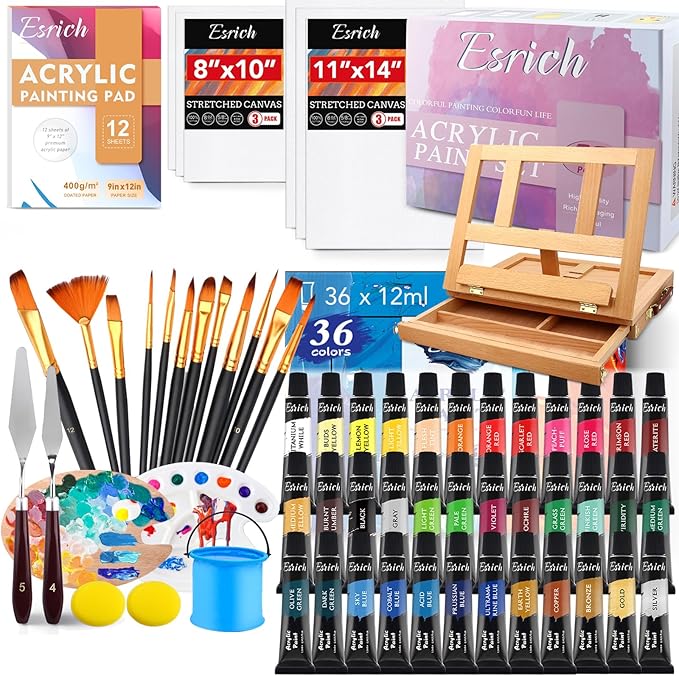 ESRICH Acrylic Paint Set, 74 PCS Professional Paint Supplies with Paint Brushes, Acrylic Paints, Easel, Canvases, Painting Pads, Palette, Paint Knives, Brush Cup and Art Sponge for Hobbyists Beginners
