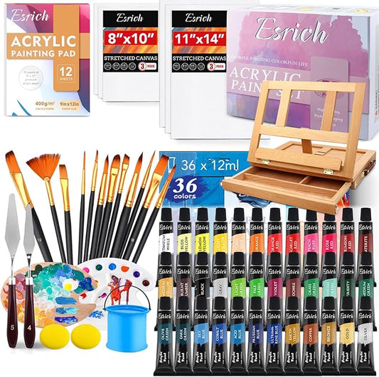 ESRICH Acrylic Paint Set, 74 PCS Professional Paint Supplies with Paint Brushes, Acrylic Paints, Easel, Canvases, Painting Pads, Palette, Paint Knives, Brush Cup and Art Sponge for Hobbyists Beginners