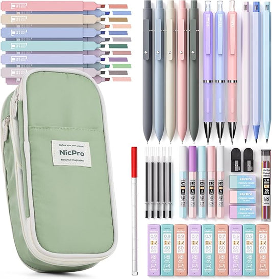 Nicpro 50PCS Aesthetic School Supplies with Cute Pencil Case, 5 Quick Dry Black Ink Pens, 12 Pastel Highlighters, 6 Mechanical Pencil 0.5, 0.7, 0.9 & 2.0 mm for Students Stationary College Essentials