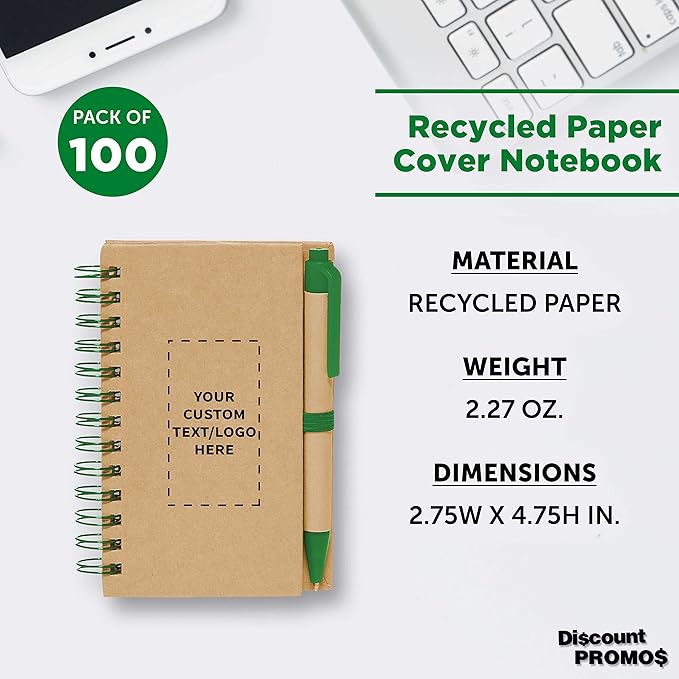 Custom Mini Spiral Notebooks with Black Ink Pens Set of 100, Personalized Bulk Pack - Perfect for School, Office, Business, Home - Green