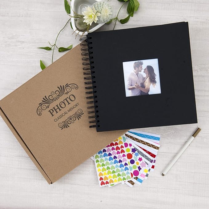 10 x 10 Inch DIY Scrapbook Photo Album with Window Design Cover 80 Pages Craft Paper Memory Book for Weeding Anniversary Travel and Baby (Black)