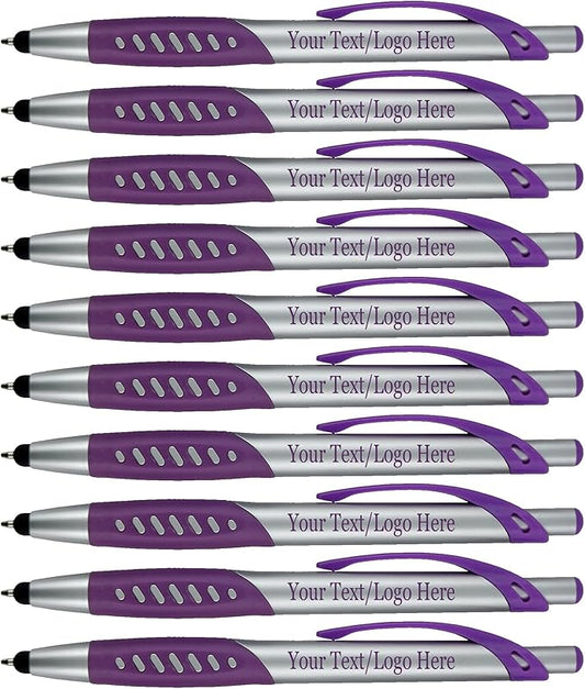 Personalized Pens With Custom Logo or Text-300 Pack Bulk-for Businesses, Parties, and Events, 2 in 1 Ballpoint Pen & Capacitive Stylus for Touchscreen Devices, Click Action, Black Ink, Purple