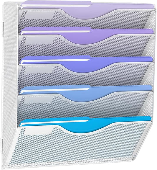 5 Tier Hanging Wall File Organizer, Mesh Mail Paper Orgnization Hanging File Folder Holder for Home Office, White