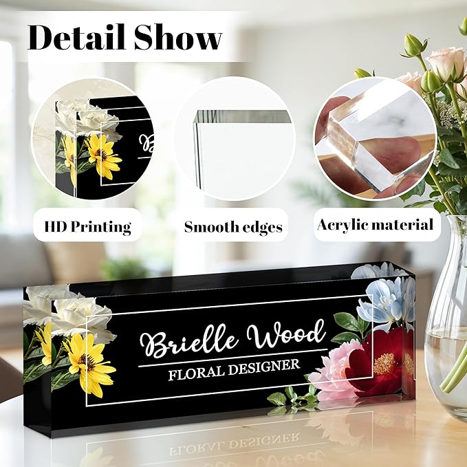 Ship Next Day Personalized Name Plate for Desk, Custom Acrylic Desk Name Sign, Office Appreciation Gifts for Women Men Coworkers Boss Teacher Employee (Flower)