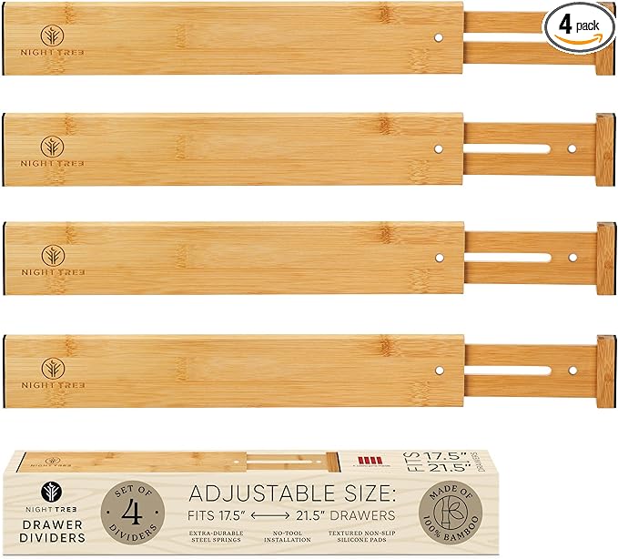 Night Tree Expandable Bamboo Drawer Dividers – Spring-Loaded Wooden Organizers for Clothes, Kitchen Utensils, Bathroom, and Dresser Drawers (17.5" to 21.5")