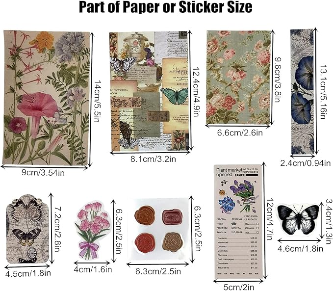 260PCS Vintage Journaling Scrapbooking Supplies Scrapbook Sticker Paper Ephemera Pack for Bullet Junk Journal Planners Collage Craft Notebooks Album (Flowers and Butterflies)