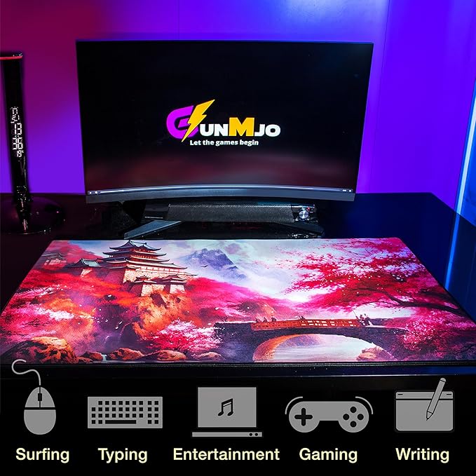 GUNMJO Cherry Blossom Extended Gaming Mouse Pad, Ultra-Smooth Surface for Pixel-Precise Mouse Control, Durable Anti-Fray Stitching, Non-Slip Rubber Base, for Gamer, Office & Home, Light & Portable