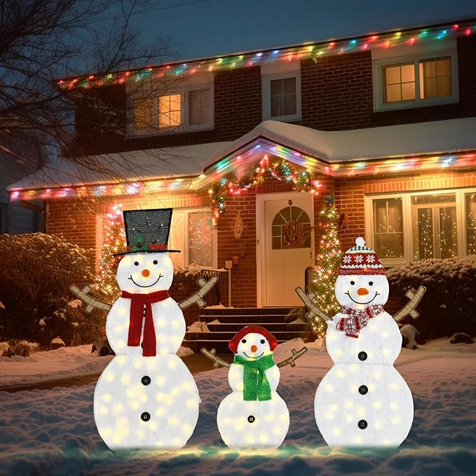 Lighted Snowman Family Outdoor Christmas Decoration, 48"| 42"| 24" H Pre-lit Snowman Lights Ornament, 2D Indoor Holiday Decor, 130 Warm White LEDs, for Yard, Lawn, Garden, Set of 3