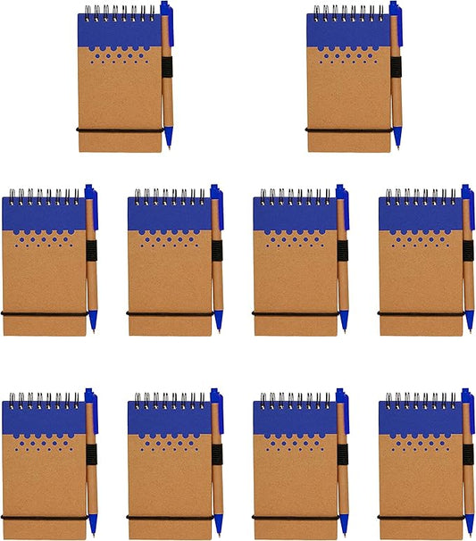 DISCOUNT PROMOS 10 Recyclable Spiral Small Notebooks Pack - 60 Lined Pages - Blue