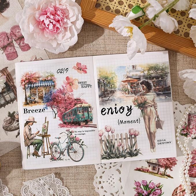 TIAMECH Stories Among Flowers Sticker Book - Girls Travel Series, 20 Sheets PET & Washi Stickers for Scrapbooking, Ephemera, Waterproof Junk Journaling Supplies & DIY Crafts (Size 10.5 x 7.1in)
