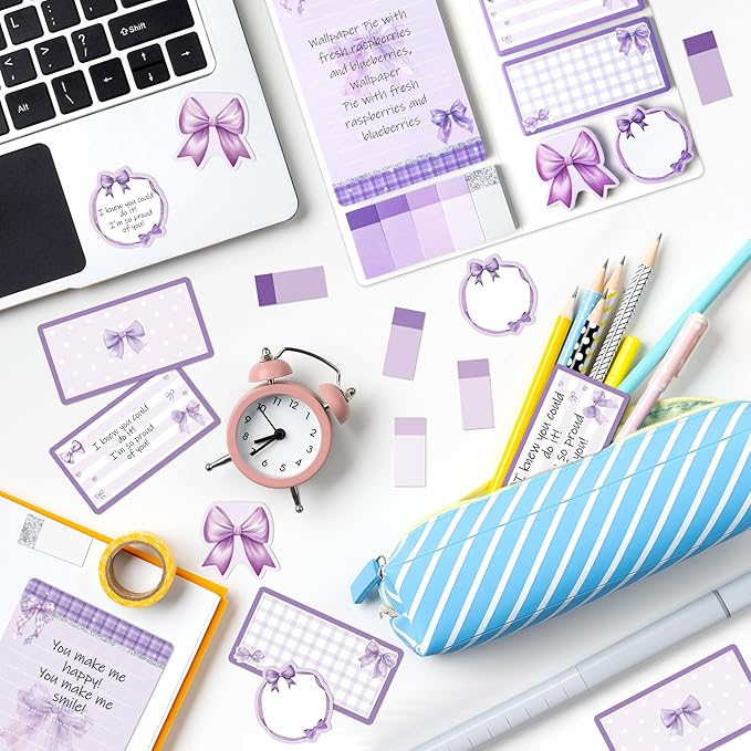 Xqumoi Coquette Purple Bow Sticky Notes Set - I’m Just A Girl Self-Stick Note Pads Bowknot Notepads Writing Memo Pad Page Marker Bookmarker Preppy Girly Stuff Back to School Office Supplies Gift