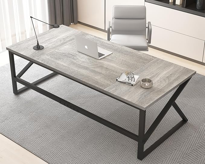 HSH 70 Inch Long Grey Desk, Large Home Office Computer Desk for 2 People, Industrial Wood and Metal Executive Work Writing Study Gaming Desk Table, Modern Bedroom Simple PC Laptop Desk Double Desk