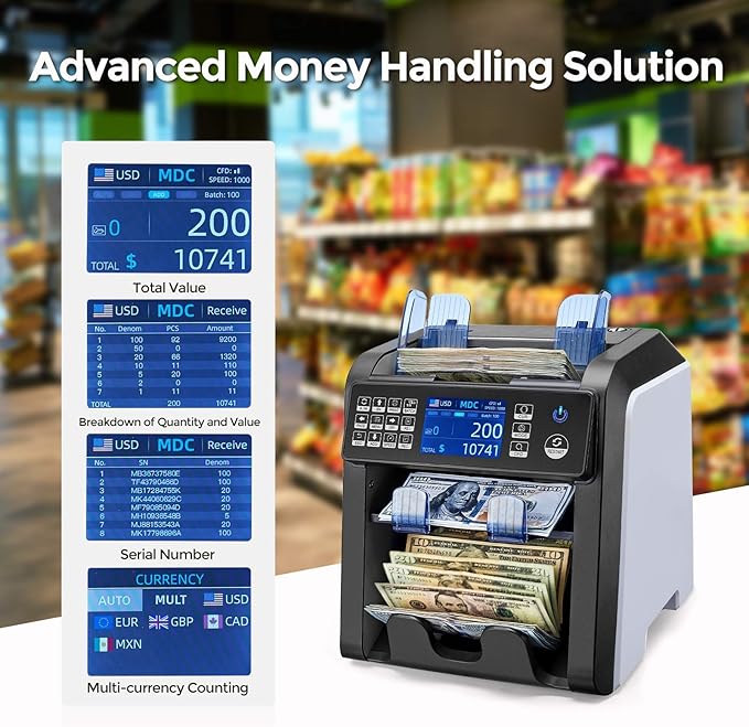 MUNBYN IMC08 Dual Money Counter Machine Mixed Denomination with Reject Pocket, Value Counting, Counterfeit Detection 2 CIS/UV/MG/IR, Sort&Print Enabled Cash Counter, Mixed Bill Counter (White)