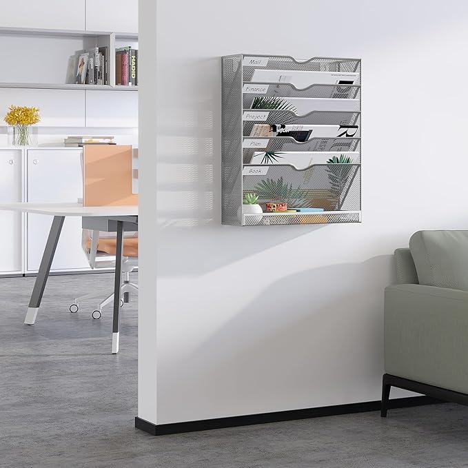 EasyPAG 5-Tier Wall File Holder, Mesh Hanging Folder Organizer with Classify Label, Versatile Desk File Organizer for Office Home, Vertical Wall Mounted Mail Sorter, Sides Closed, Silver