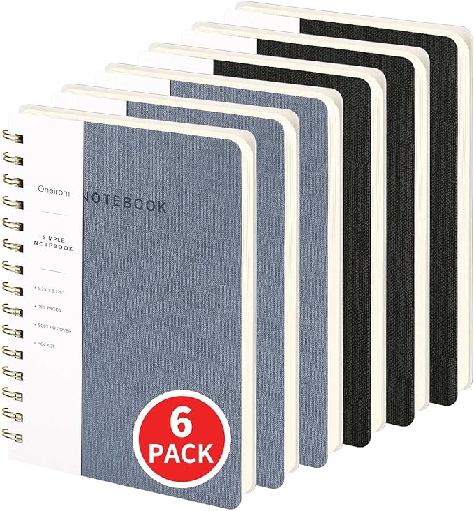 Lined Spiral Notebook College Ruled A5 Journal Book for Note Taking, 160 Pages Writing Journal for Office and Home School Supplies 5.75x8.125 inch (6pack-3Reefblue/3Black)