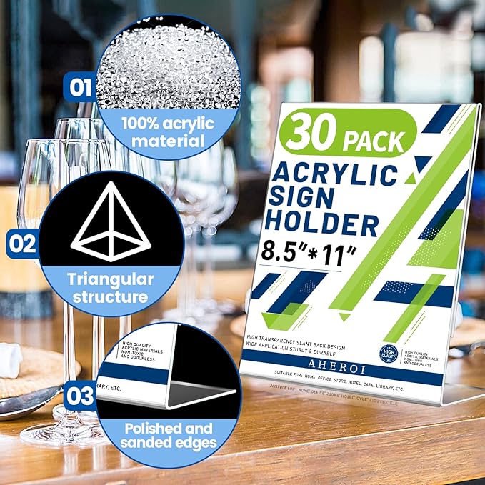 Aheroi Acrylic Sign Holder 8.5 x 11, 30Pcs Plastic Sign Holder 8.5 x 11 Standing, Clear Paper Holders Acrylic Paper Document Holders, Plastic Stands Flyer Display,Office School Table Supplies