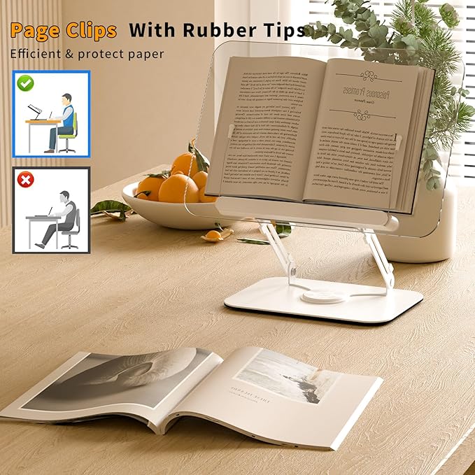 Acrylic Book Stand for Reading,Adjustable Holder with 360° Rotates Base & Page Clips,Foldable Desktop Ricer for Cookbook,Music Scores,Laptop,Tablet,Recipe,Textbook,Magazines