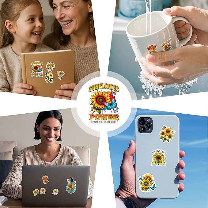 107 PCS Sunflower Stickers Pack, Floral Vinyl Waterproof Decals with Sunflowers Hummingbirds Butterflies, Gift for Kids Teens Adults Boys Girls Birthday Christmas Laptop Water Bottle Scrapbook