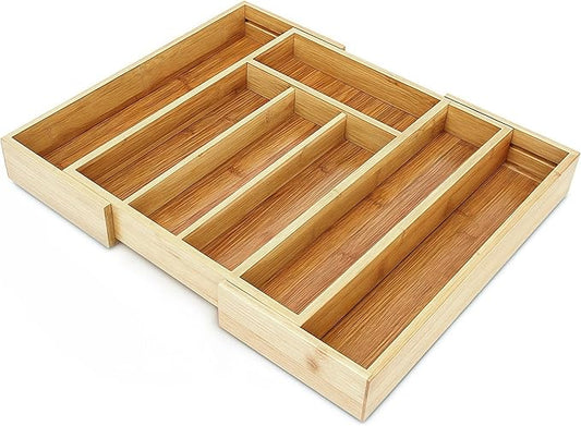 Bamboo Drawer Organizer - Expandable Kitchen Utensil Holder, Adjustable Silverware Drawer Organization, Kitchen Wooden Tray for Cutlery, Flatware & Stationery, 5-7 Slots (Natural)