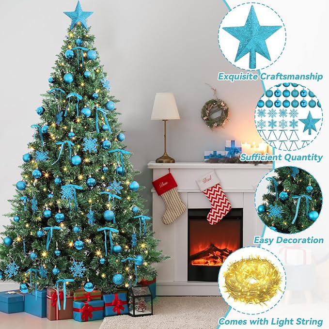 86Pcs Led Light Blue Christmas Tree Decorations Set 100 Led Light Christmas Star Trees Topper with String Lights Xmas Balls Snowflakes Ornaments Bows Xmas Trees Decor 20m Light String