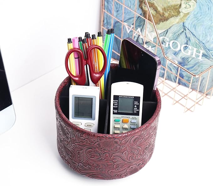 lizimandu Round Leather Art Supply Organizer,Remote Control Holder,360 Degree Spinning,Multi-Functional Pencil Holder,4 Compartments Desktop Stationary Organizer(1-Carved Red)
