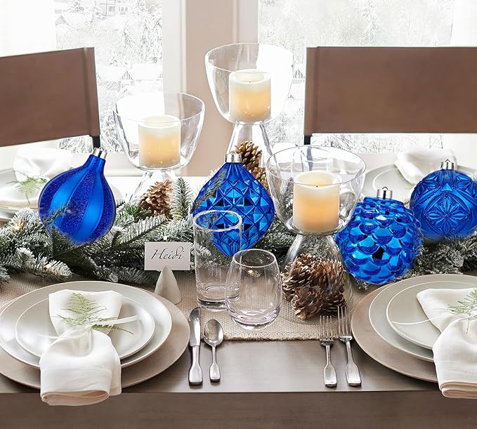 Hollyone 4.7 Inch Large Blue Christmas Ornaments 4Pcs Balls Ornaments Shatterproof Christmas Hanging Ornaments for Xmas Tree Decor with Hook for Wedding Holiday Party Wreath Home Decor (Blue, 120mm)