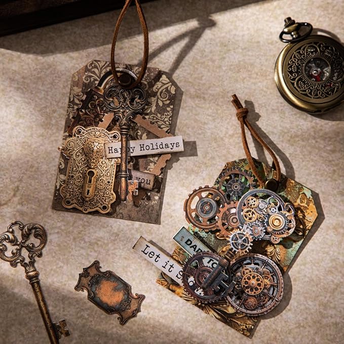 120 PCS Vintage Textured Cardstock Hollowed Key and Lock Stickers, Aesthetic Decorative Key and Lock Scrapbook Stickers for DIY Diary Junk Journal Handbook Journaling Scrapbooking Supplies Kit